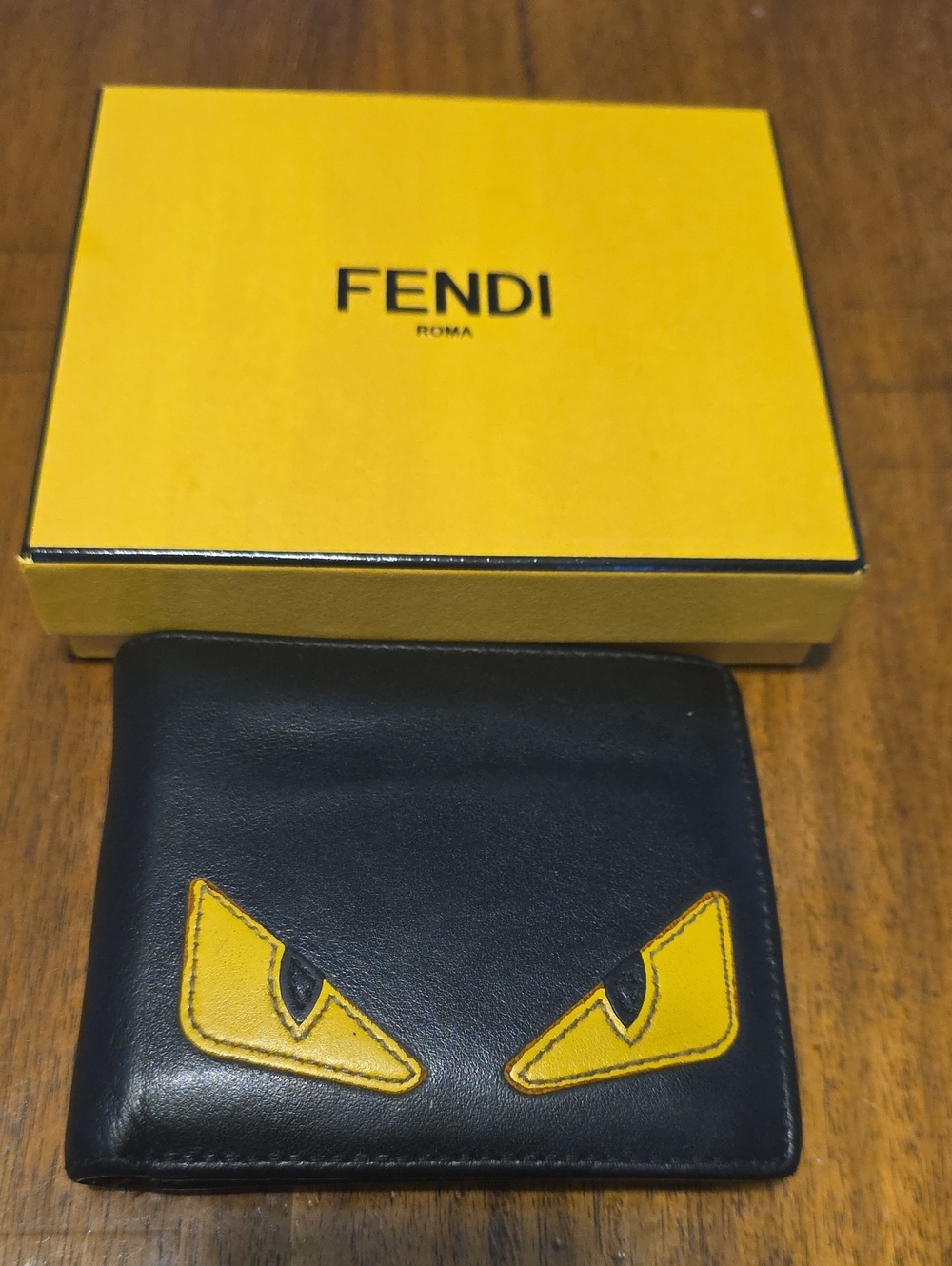 Fendi Monster Black Leather Wallet with Yellow Eye Motif